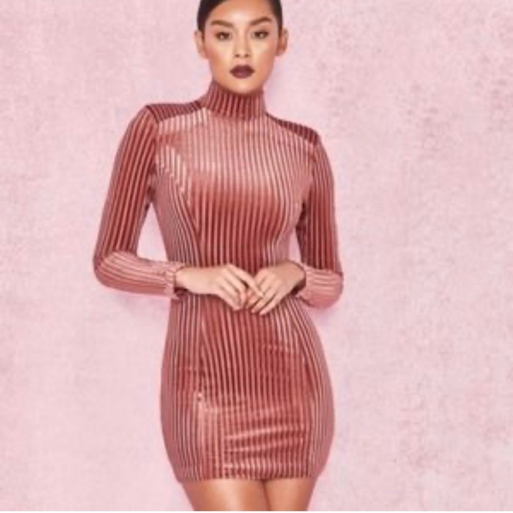 Women's Rose Pink Velvet Ribbed Turtleneck Bodycon Dress